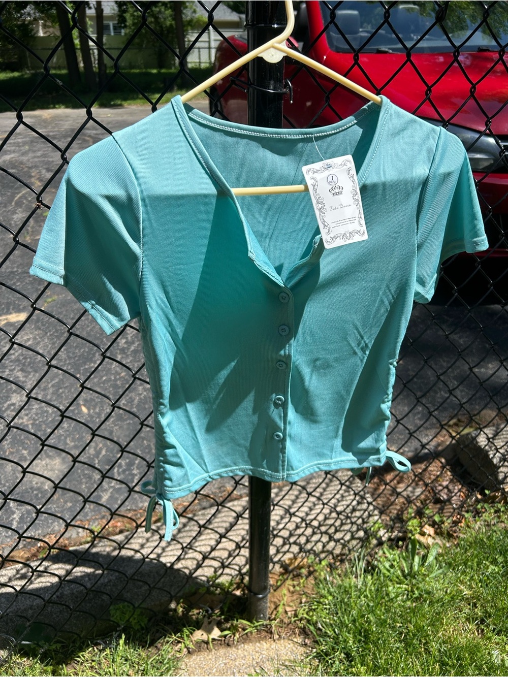 NWT Button-Front Crop Top in Mint Blue with Adjustable Side Ties, Button Front